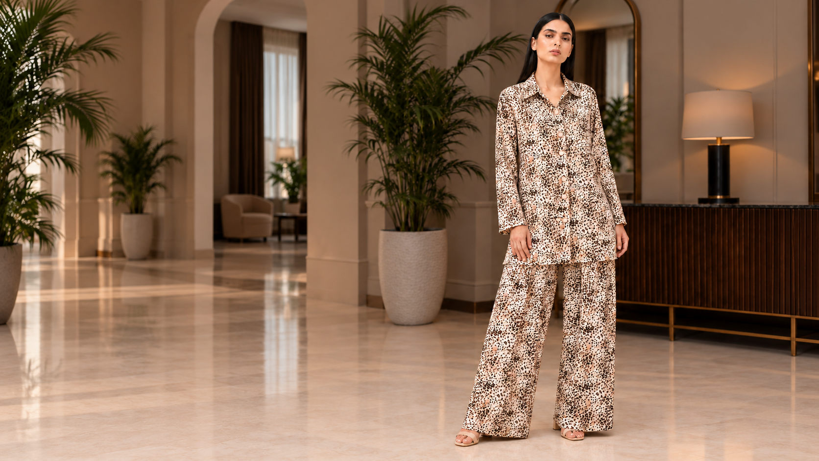 Printed casual co-ord in a warm interior, extended landscape photograph