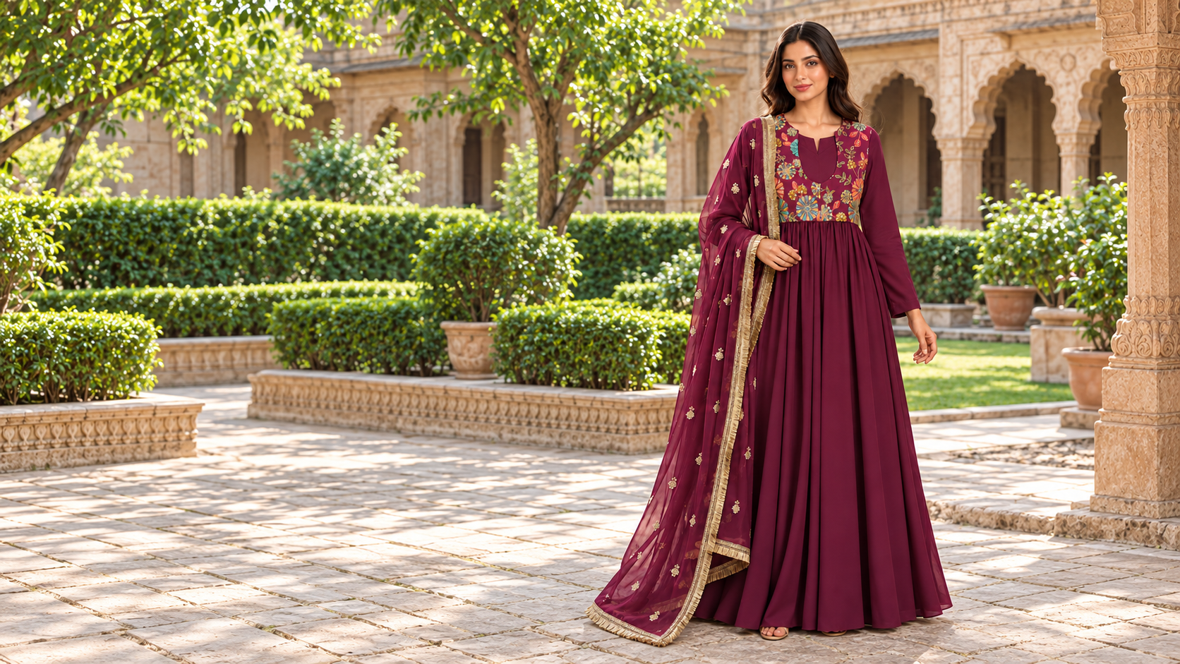 Burgundy embroidered formal ensemble in a sandstone courtyard, extended landscape photograph