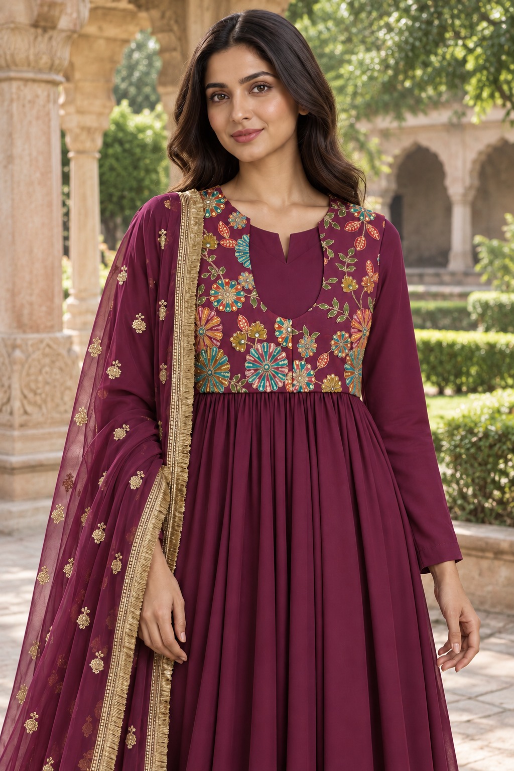 Embroidered burgundy formalwear by BJ by Nasrin Abubakar
